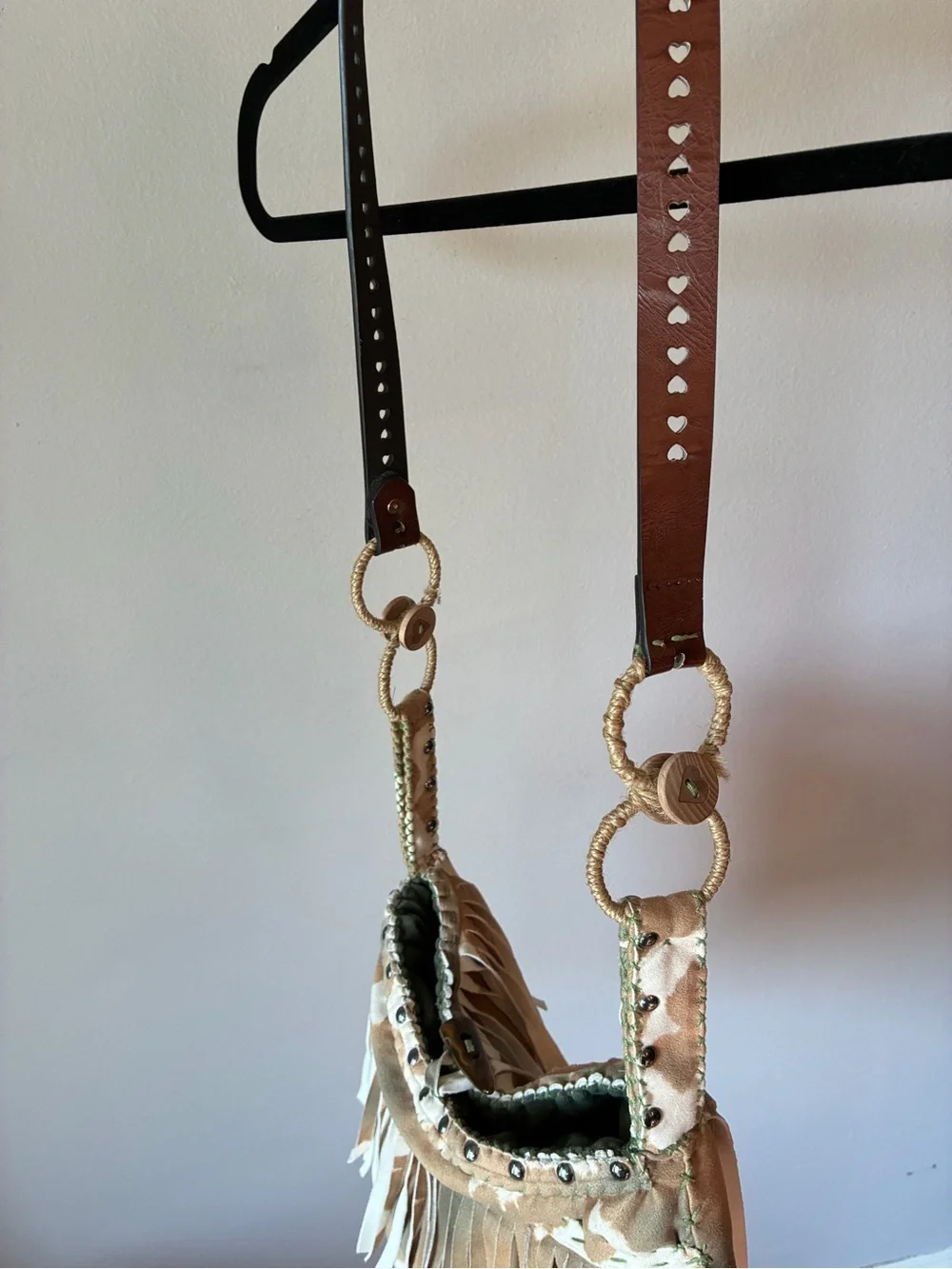 Boho Fringe Shoulder Bag – Tan, Cream & Hunter Green